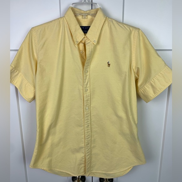 Ralph Lauren Women L 10 Yellow Button Front Blouse Elbow Preppy Minimalist money - Picture 1 of 6